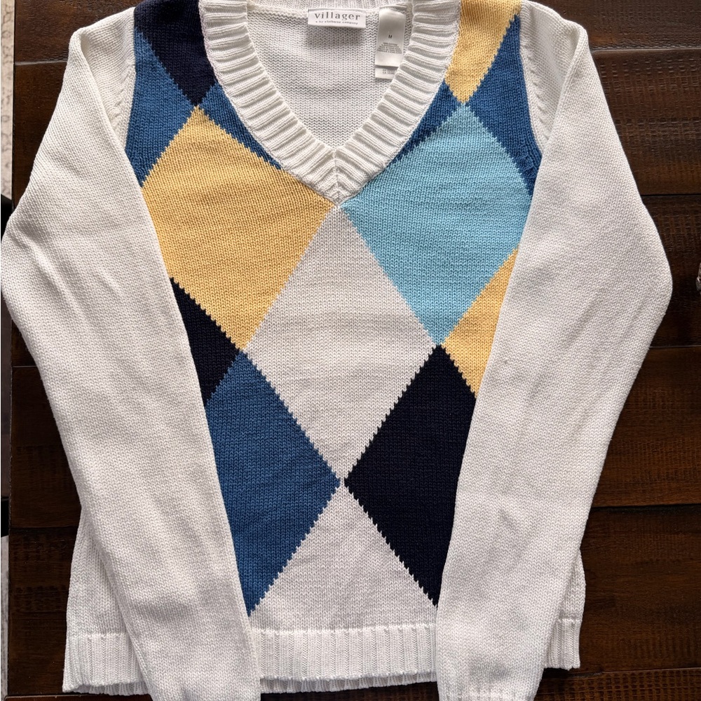 villager Women's Argyle V-Neck Sweater in White, Navy, Light Blue & Yellow